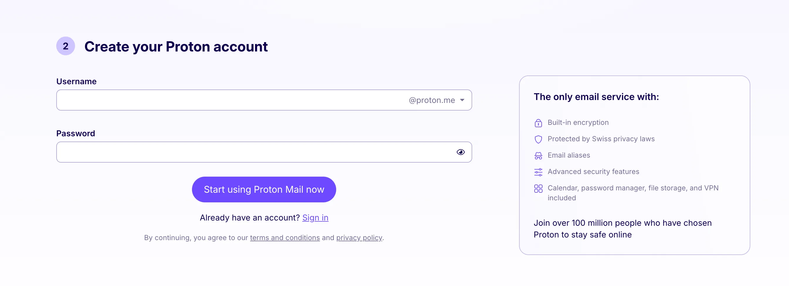 Giao diện đăng ký tài khoản Proton Mail với các tùy chọn bảo mật cao.