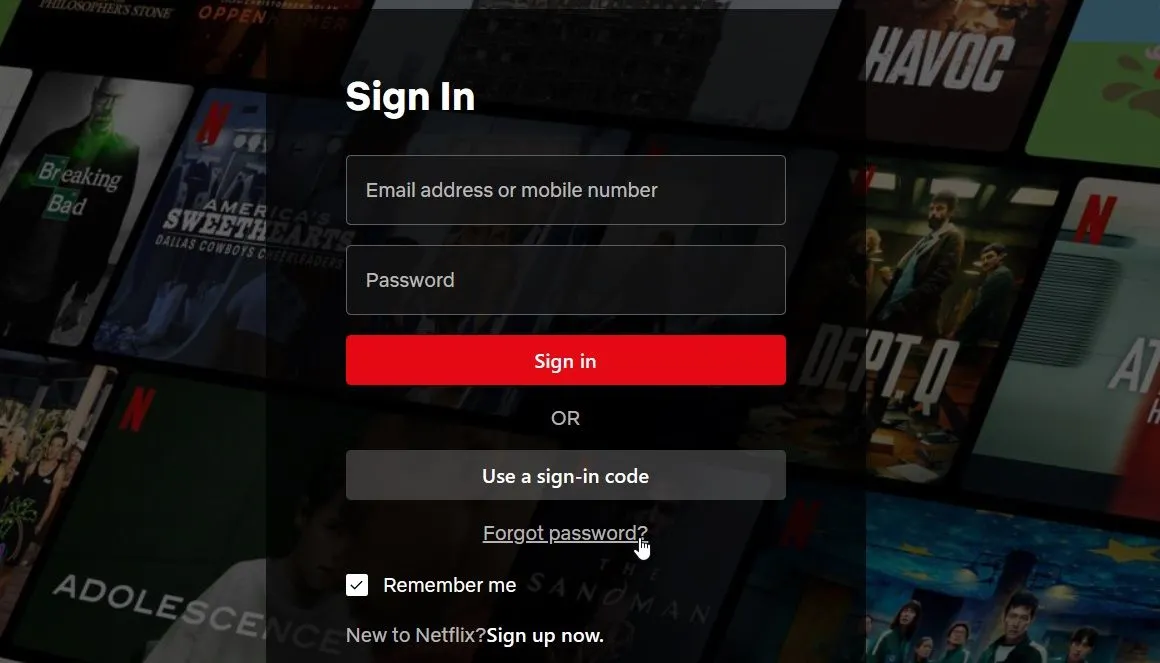 Giao diện đăng nhập Netflix với liên kết "Quên mật khẩu?" nổi bật
