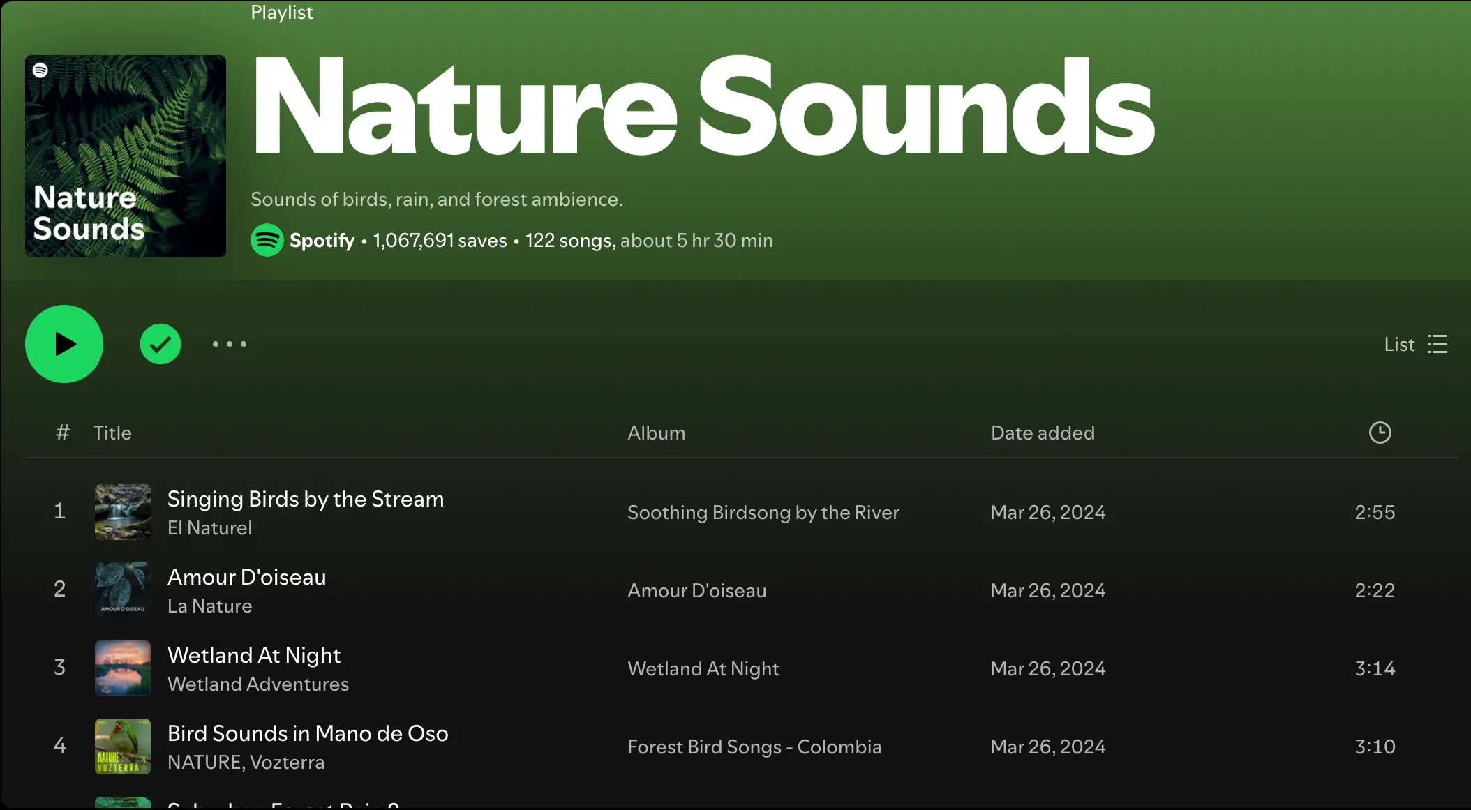 Giao diện danh sách phát nhạc Nature Sounds trên Spotify, lựa chọn tuyệt vời cho nhạc nền giúp tập trung làm việc