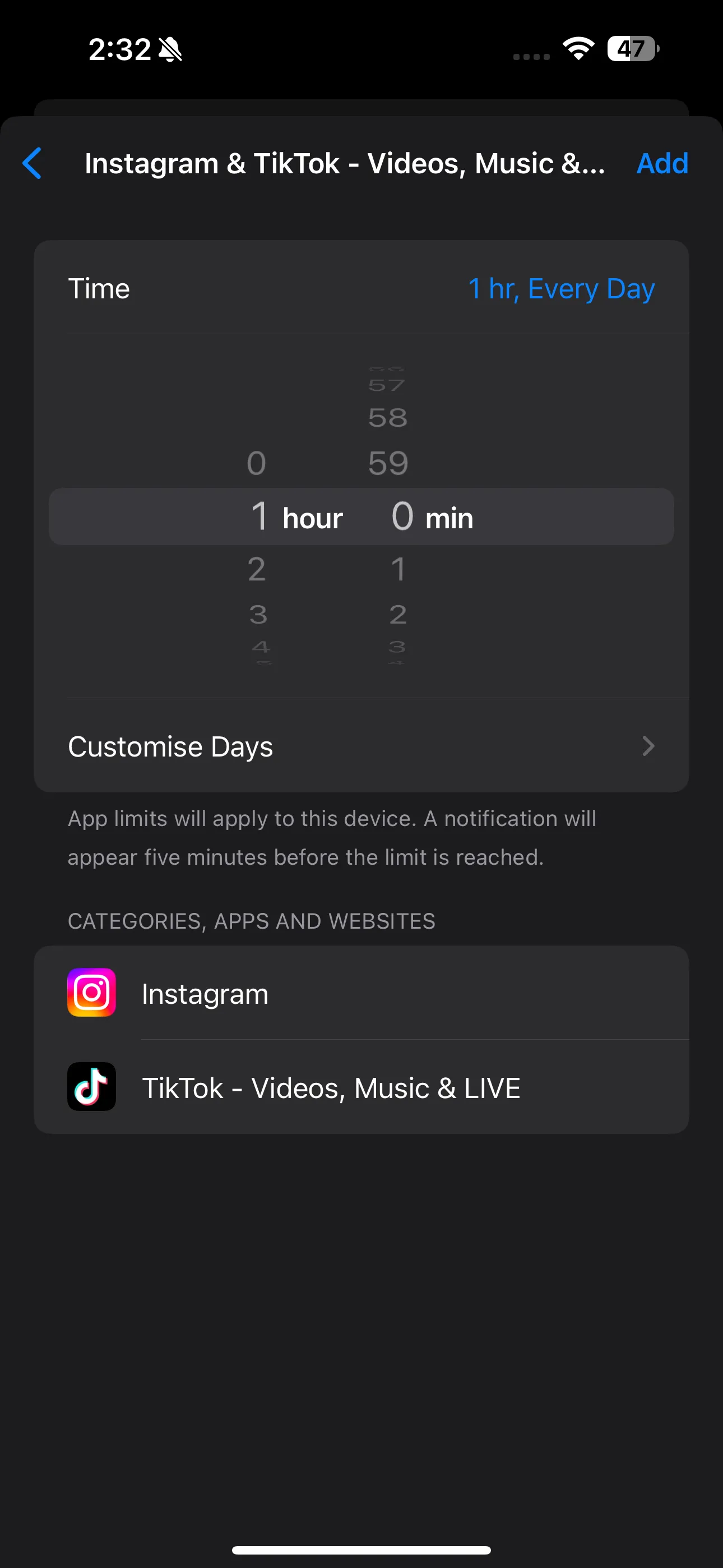 Giao diện đặt thời gian giới hạn cho App Limits trên iPhone, với thanh trượt và tùy chọn tùy chỉnh theo ngày