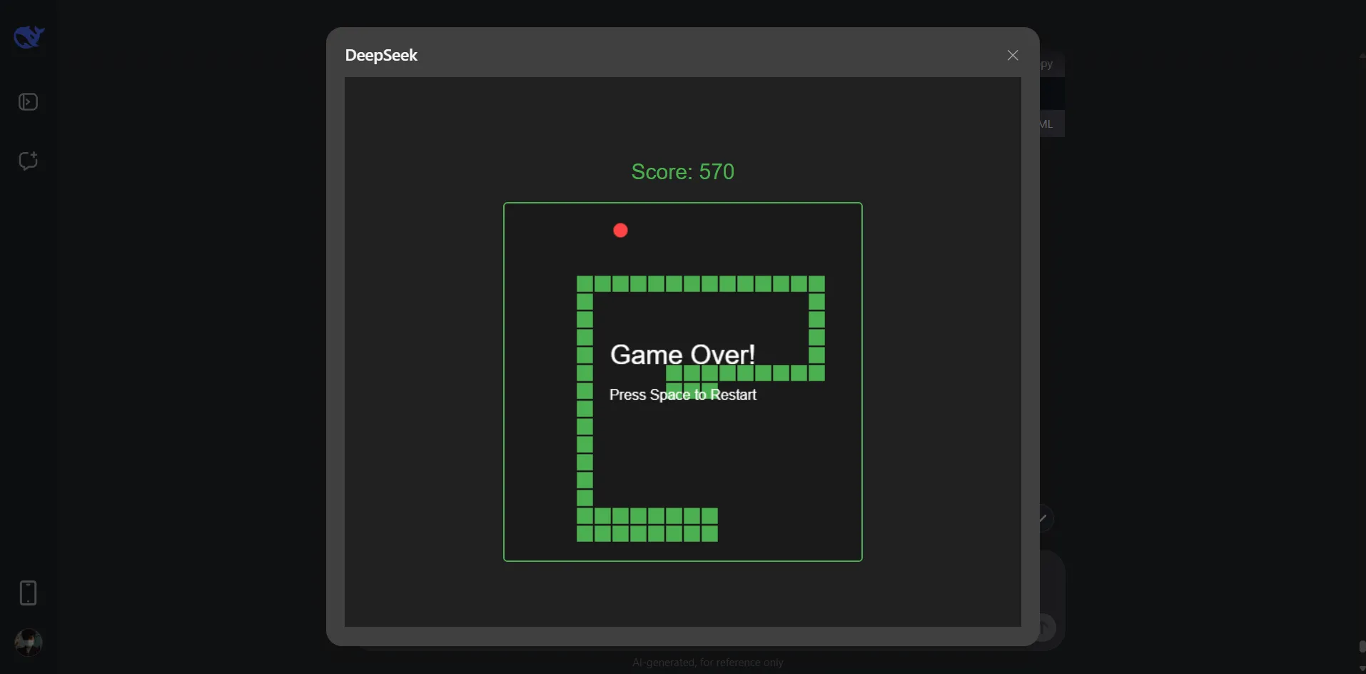 Giao diện DeepSeek hiển thị mã nguồn game Rắn (Snake game) được tạo bằng HTML5, CSS và JavaScript, chứng minh hiệu quả của AI trong việc tạo và gỡ lỗi code.