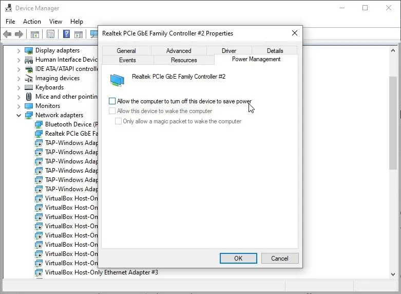 Giao diện Device Manager trên Windows 10 hiển thị tùy chọn card mạng Wi-Fi, nơi điều chỉnh cài đặt nguồn.
