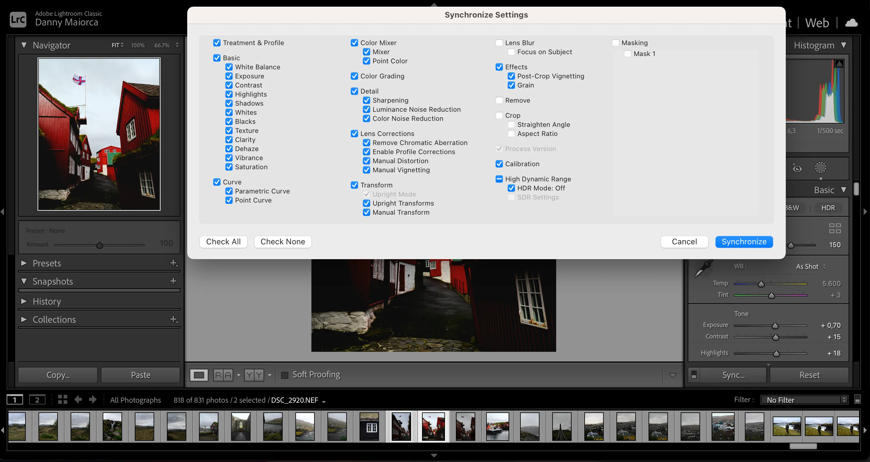 Giao diện đồng bộ cài đặt ảnh trong Adobe Lightroom, giúp áp dụng các chỉnh sửa đã có cho nhiều ảnh cùng lúc.