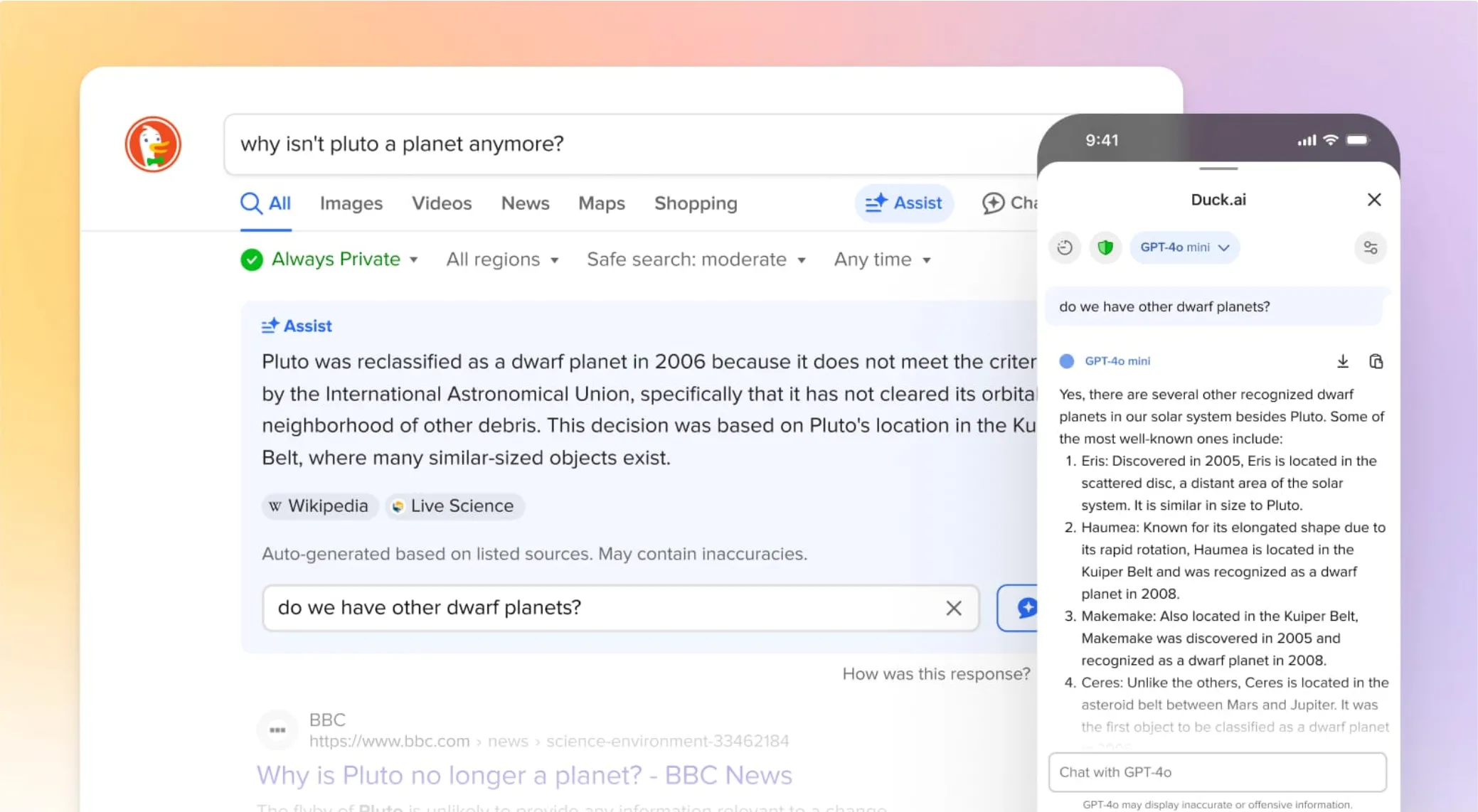 Giao diện DuckDuckGo trên máy tính và điện thoại hiển thị các tính năng AI mới