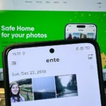 Giao diện Ente Photos trên điện thoại Android và MacBook, minh họa khả năng bảo mật và đồng bộ hóa đa nền tảng.