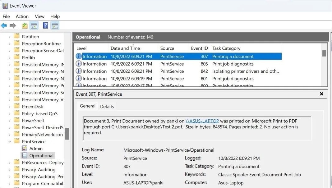Giao diện Event Viewer cho phép người dùng xem chi tiết các bản ghi sự kiện in ấn trên hệ thống.