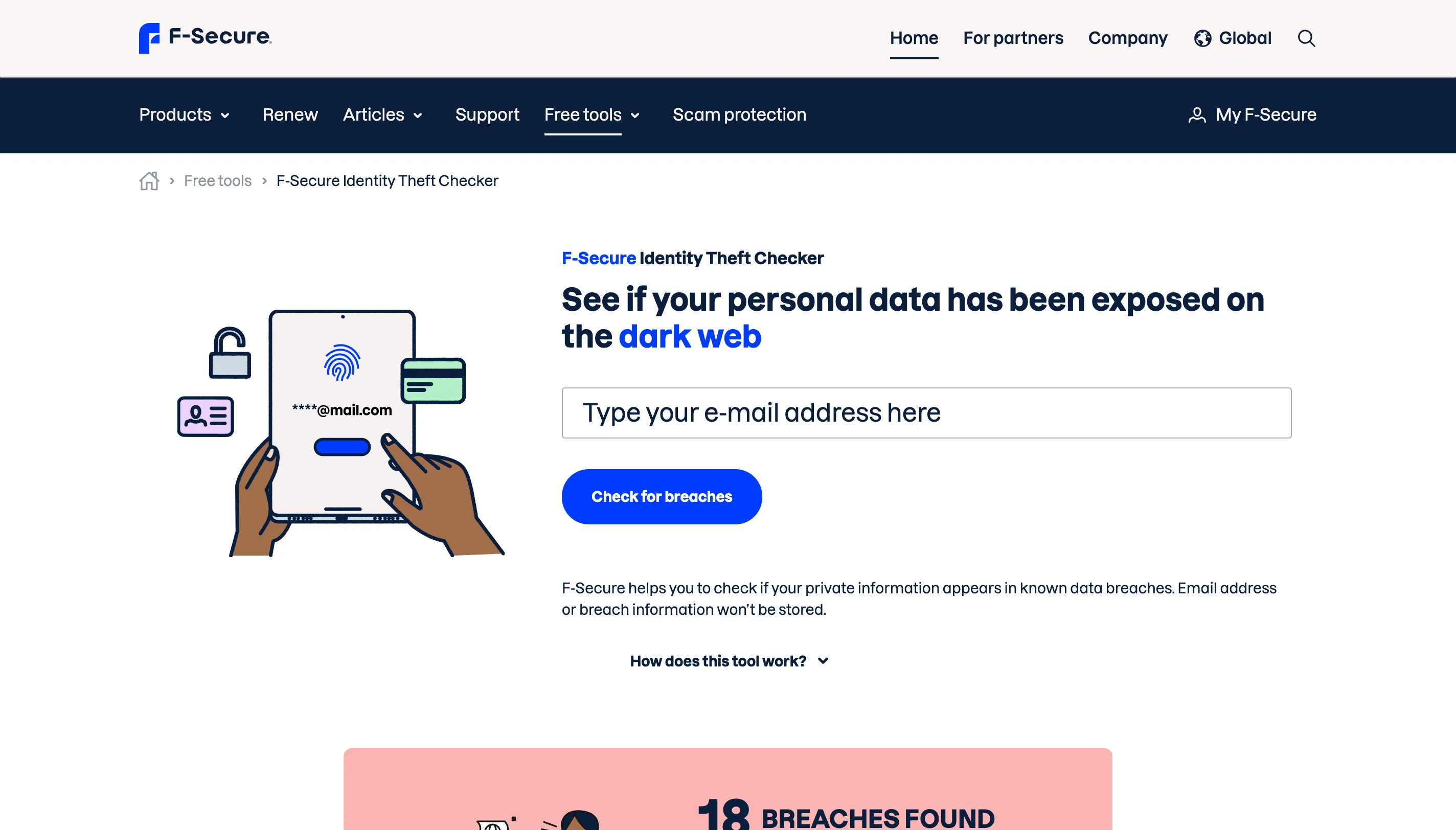 Giao diện F-Secure Identity Theft Checker hỗ trợ kiểm tra nguy cơ đánh cắp danh tính