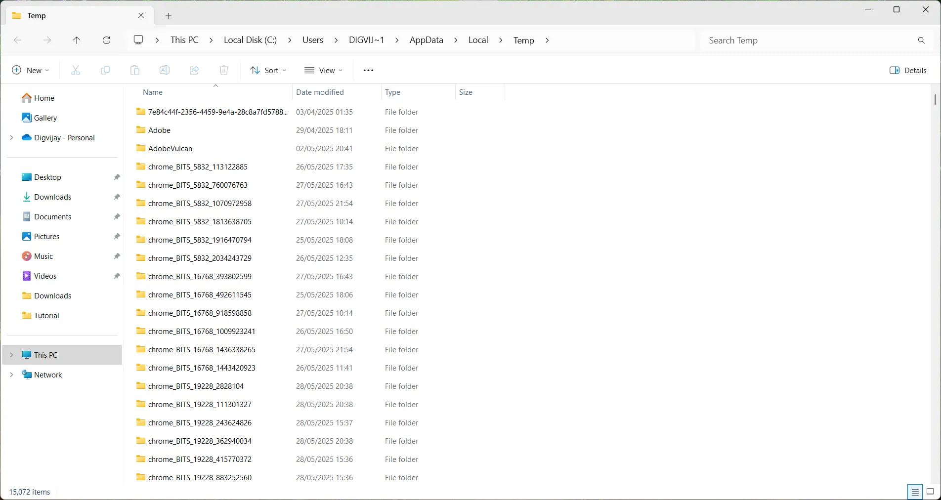 Giao diện File Explorer hiển thị các tệp trong thư mục Temp của người dùng trên Windows.