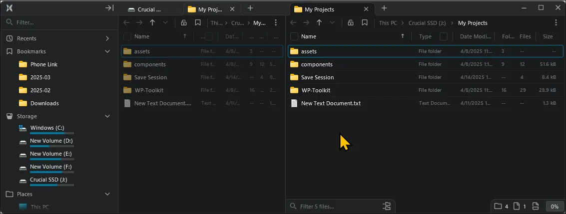 Giao diện File Pilot với tính năng hai ngăn (dual pane) đang mở trên Windows 11, minh họa khả năng quản lý tệp hiệu quả hơn File Explorer