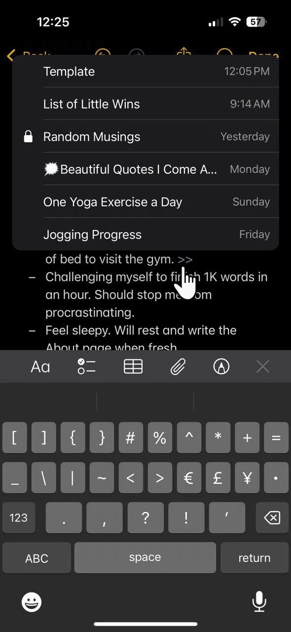 Giao diện ghi chú Bullet Journal trong Apple Notes, minh họa cách liên kết ghi chú và sử dụng thẻ phân loại tâm trạng/trạng thái.