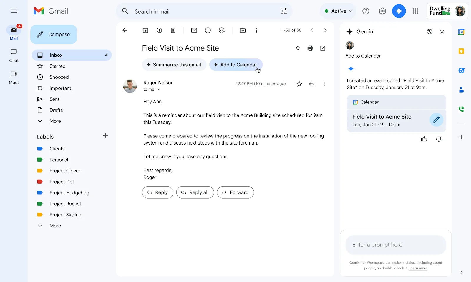 Giao diện Gmail với tính năng Gemini, hiển thị sự kiện lịch được tạo tự động từ email ở sidebar bên phải