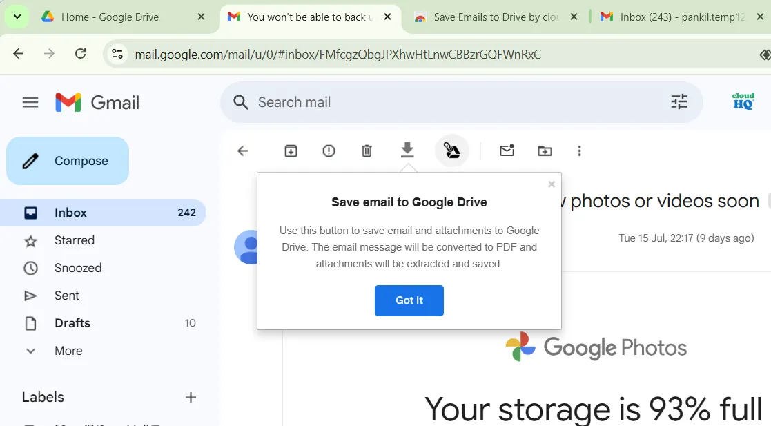 Giao diện Gmail với tùy chọn &quot;Save to Google Drive&quot; của cloudHQ