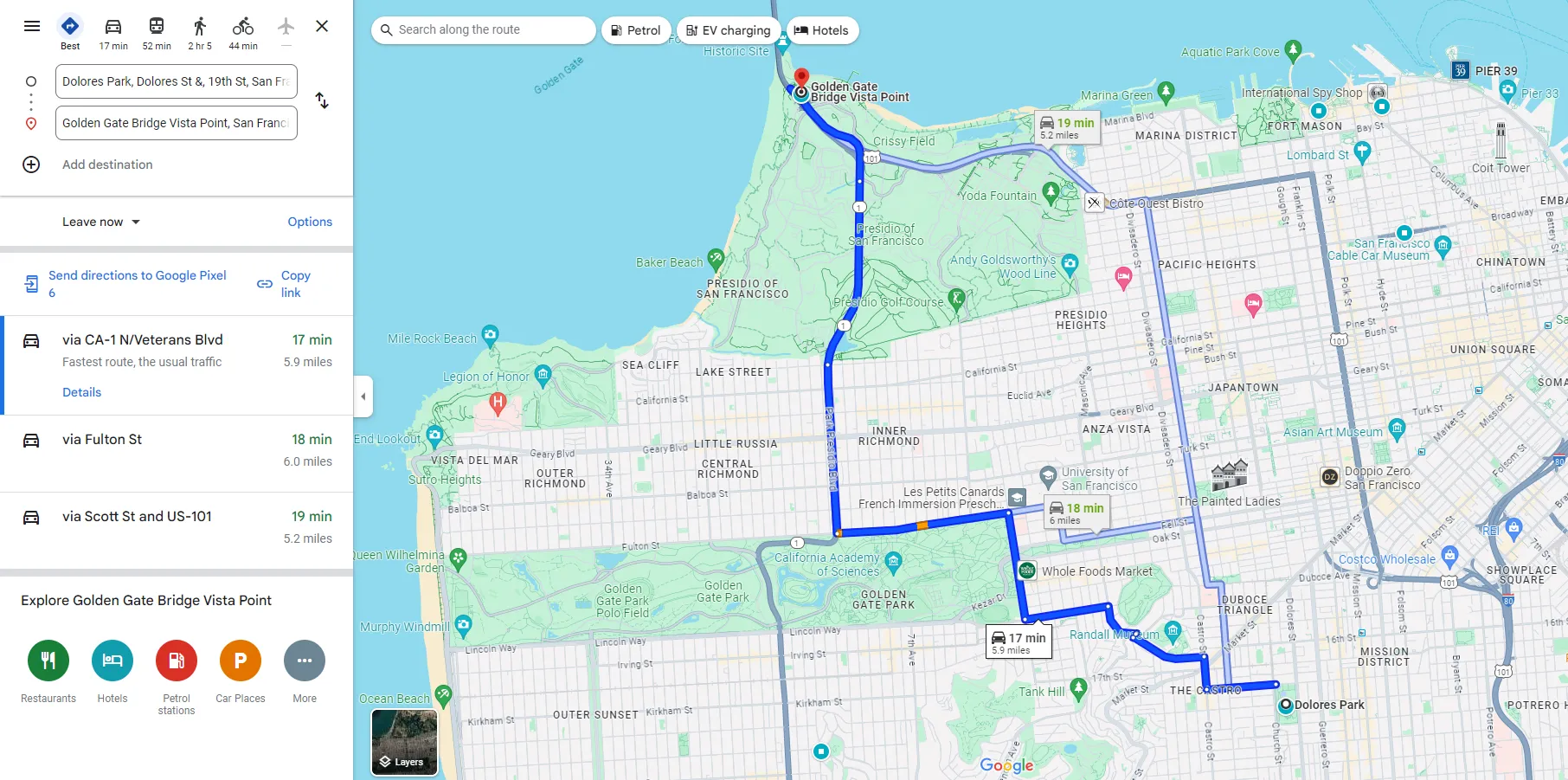 Giao diện Google Maps hiển thị lộ trình du lịch và chỉ đường từ điểm A đến B