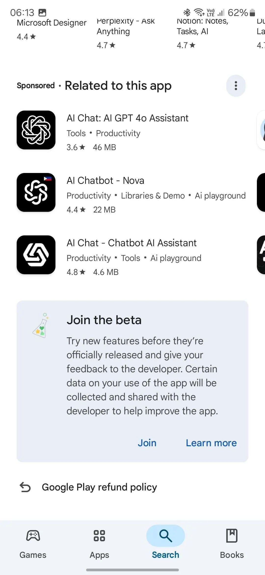 Giao diện Google Play Store với tùy chọn "Tham gia beta" của ứng dụng ChatGPT