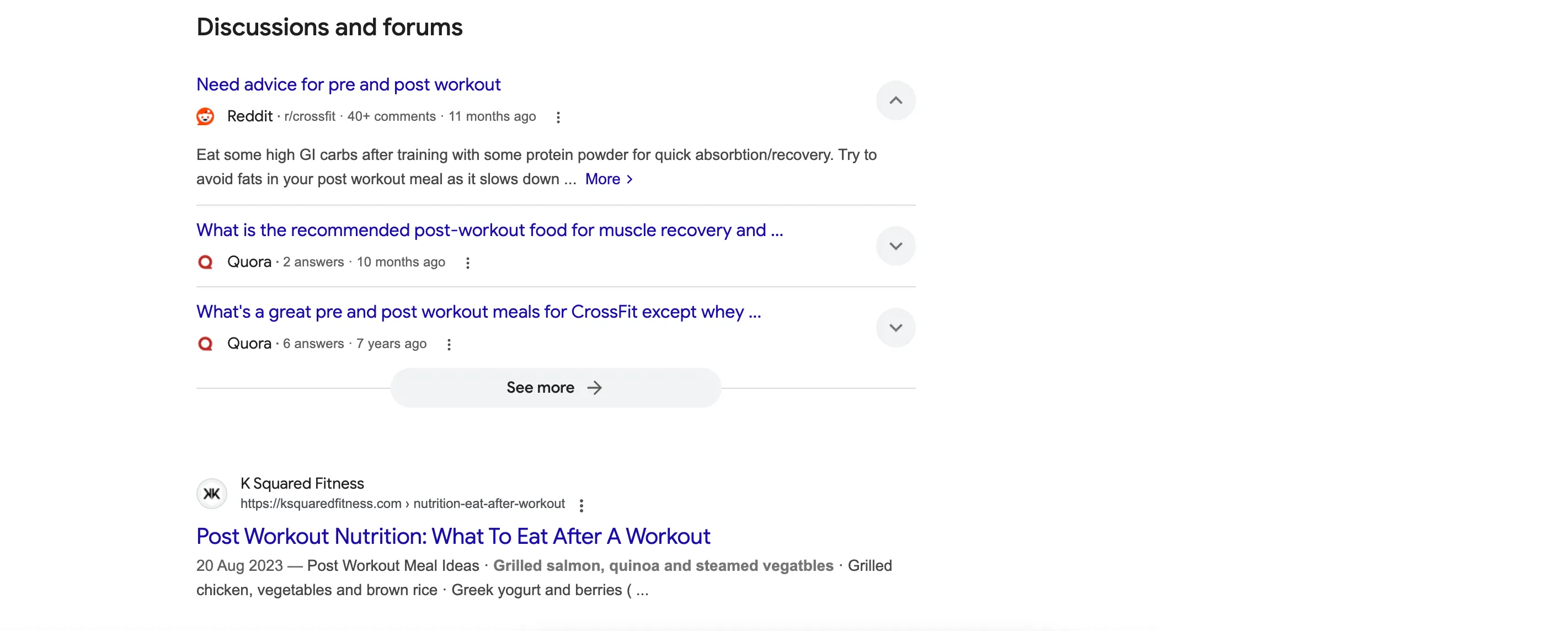 Giao diện Google Search với các mục phân loại 'Discussions and forums' cho kết quả tìm kiếm từ Reddit và Quora, minh họa cách Google sắp xếp nguồn thông tin mạng xã hội hiệu quả.
