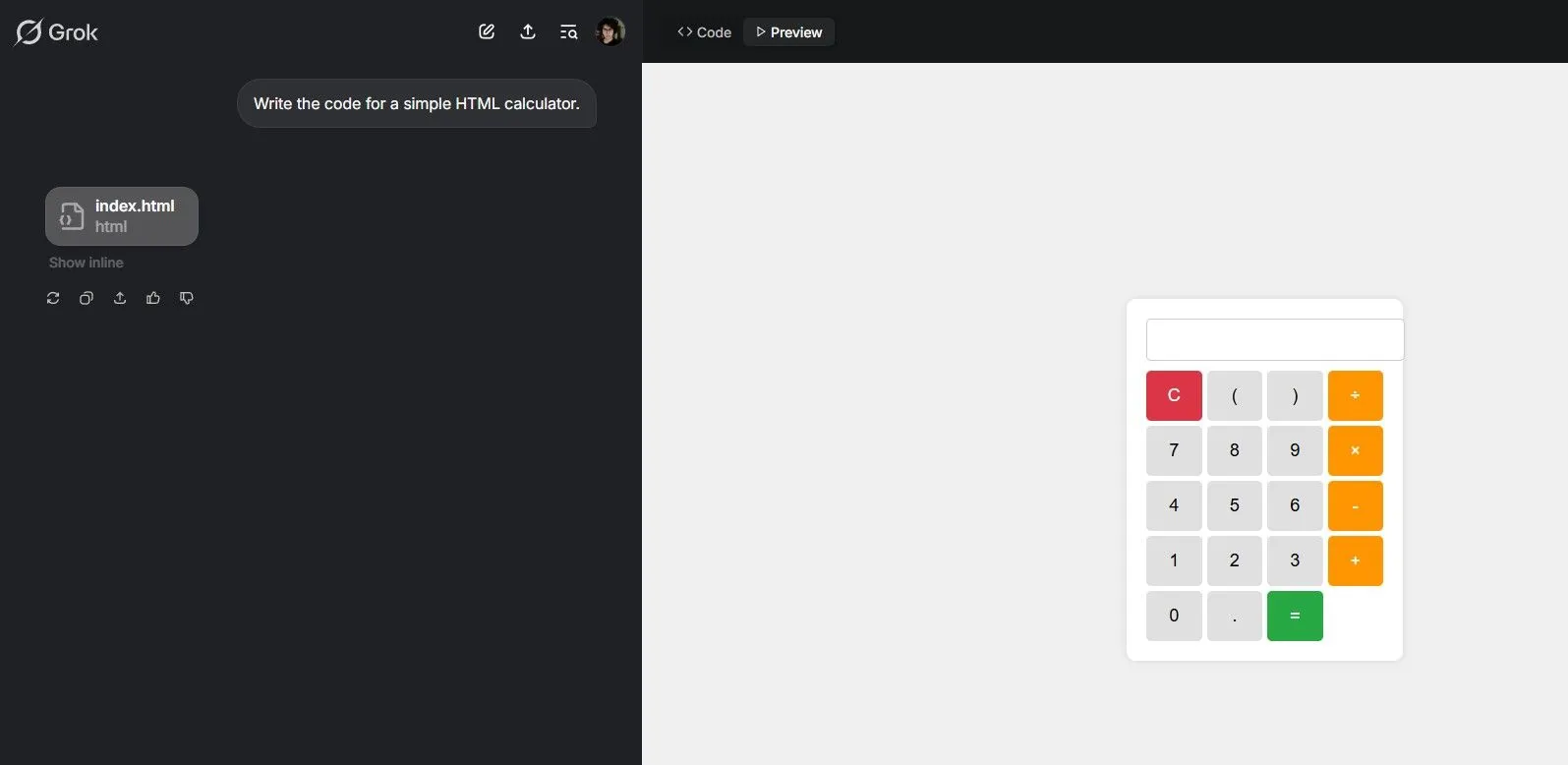 Giao diện Grok Studio của xAI hiển thị code HTML và kết quả xem trước cho máy tính đơn giản