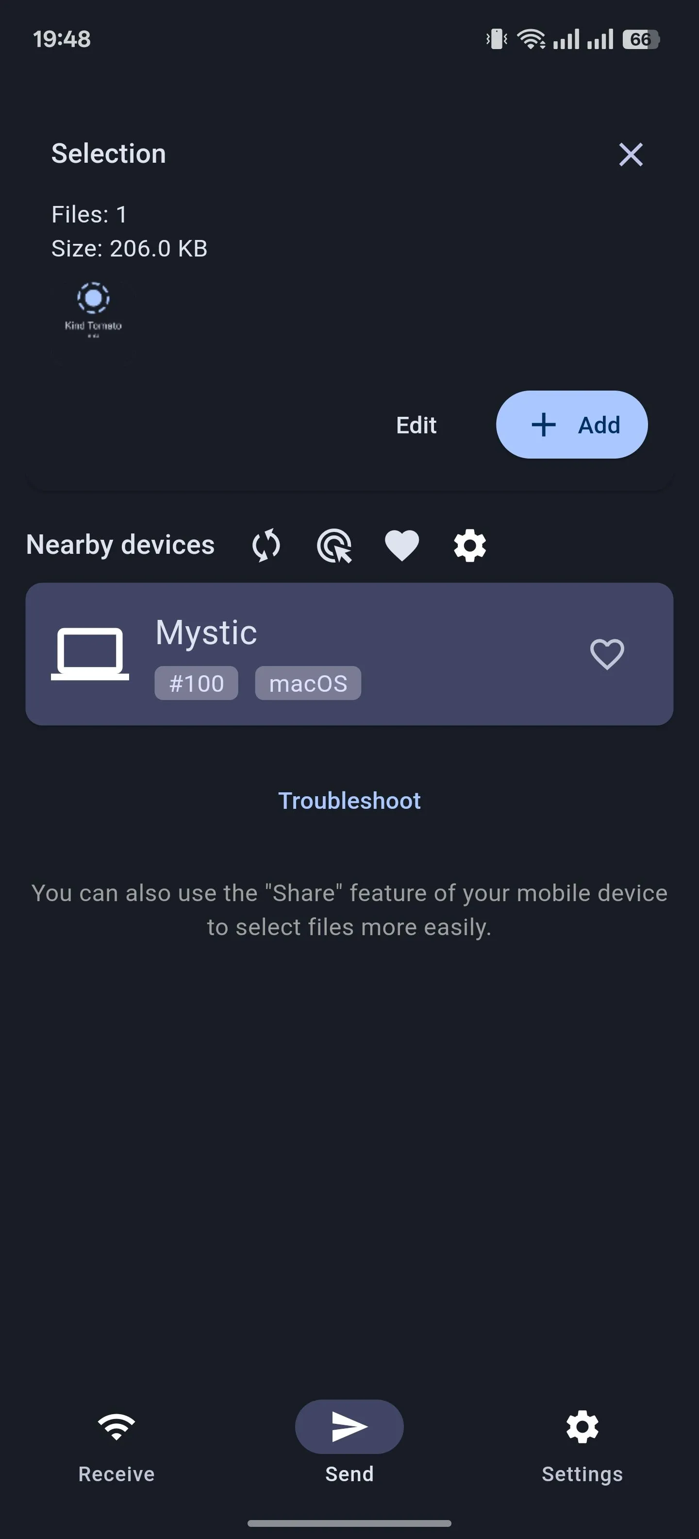 Giao diện gửi tệp của ứng dụng LocalSend trên Android, hiển thị danh sách thiết bị khả dụng.
