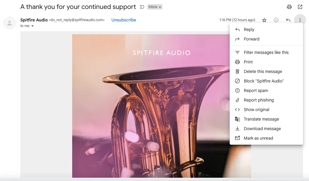 Giao diện hộp thư đến Gmail hiển thị một email thông thường trước khi kiểm tra mã nguồn