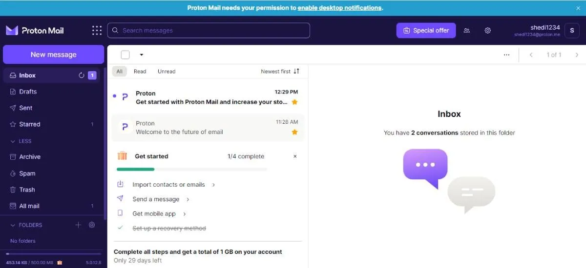 Giao diện hộp thư đến Proton Mail gọn gàng và hiện đại