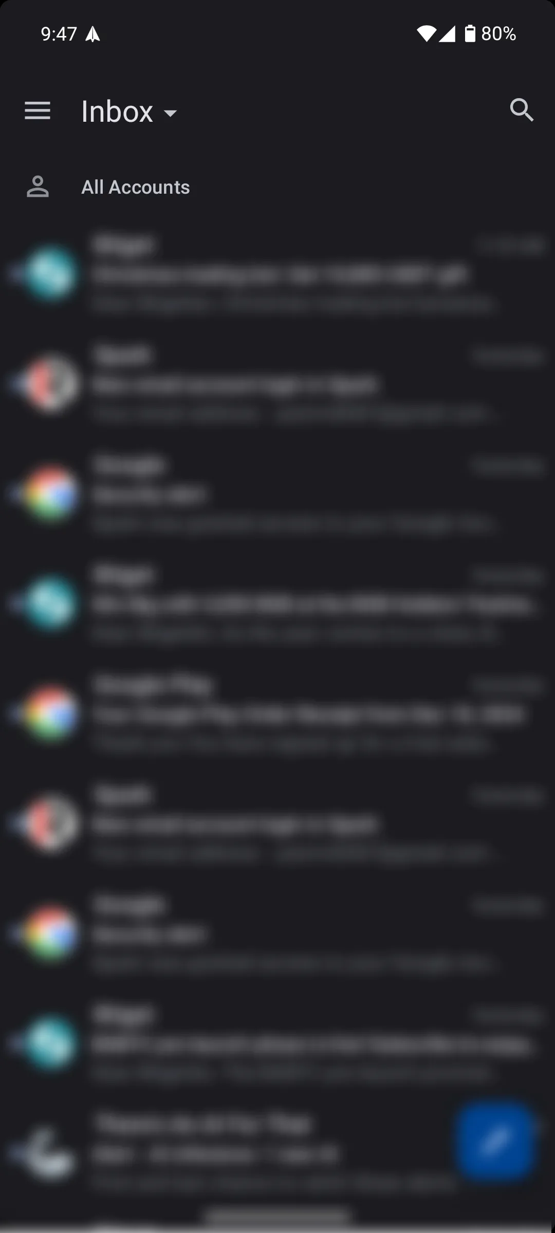 Giao diện hộp thư theo chế độ Classic của ứng dụng email Spark Mail trên Android