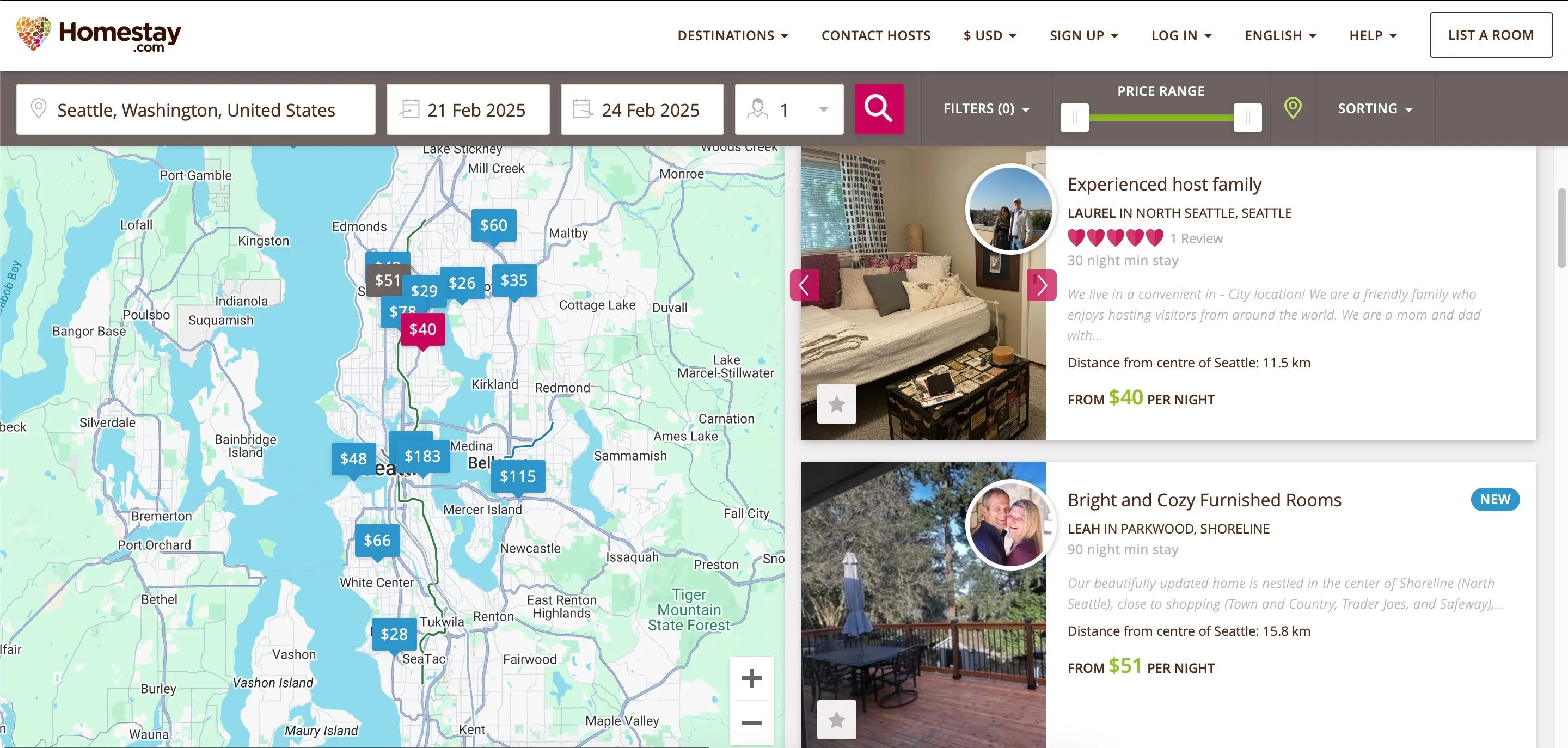 Giao diện kết quả tìm kiếm homestay tại Seattle trên ứng dụng Homestay.com