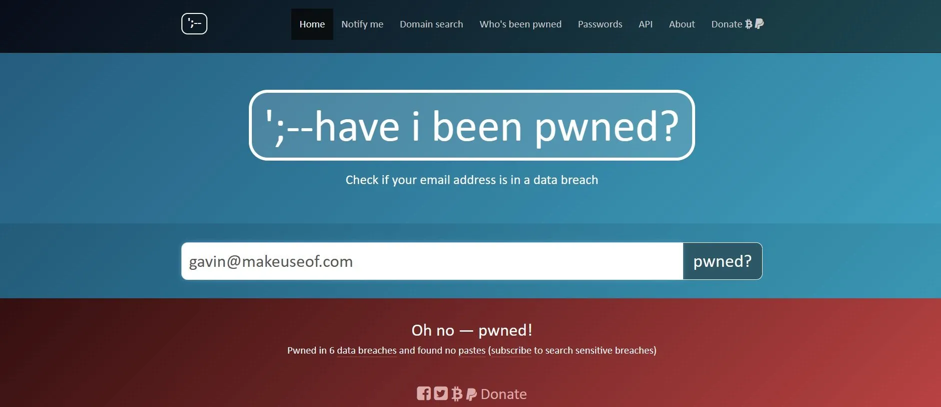 Giao diện kết quả tìm kiếm trên Have I Been Pwned hiển thị các vi phạm dữ liệu tài khoản.