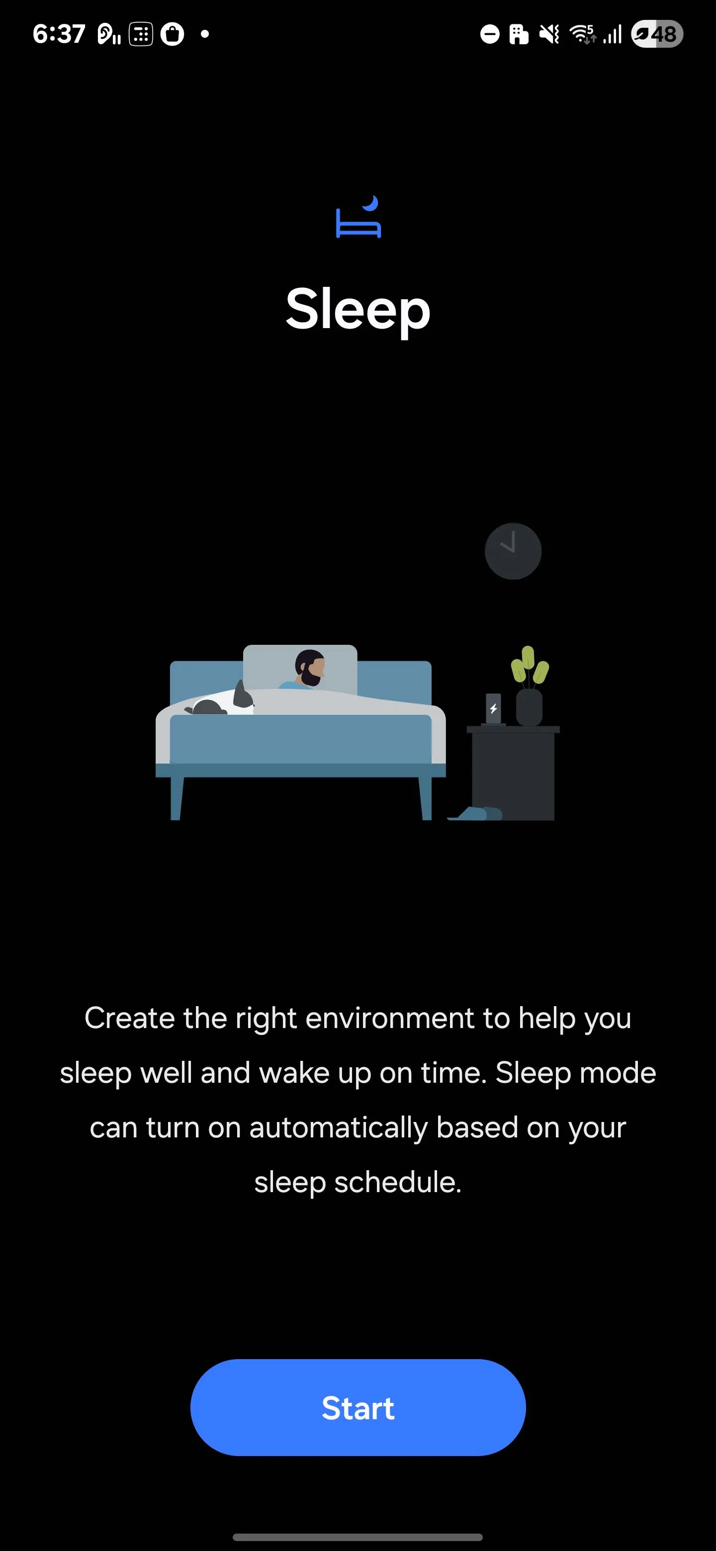Giao diện kích hoạt Chế độ Giờ đi ngủ (Bedtime Mode) trên điện thoại Samsung.
