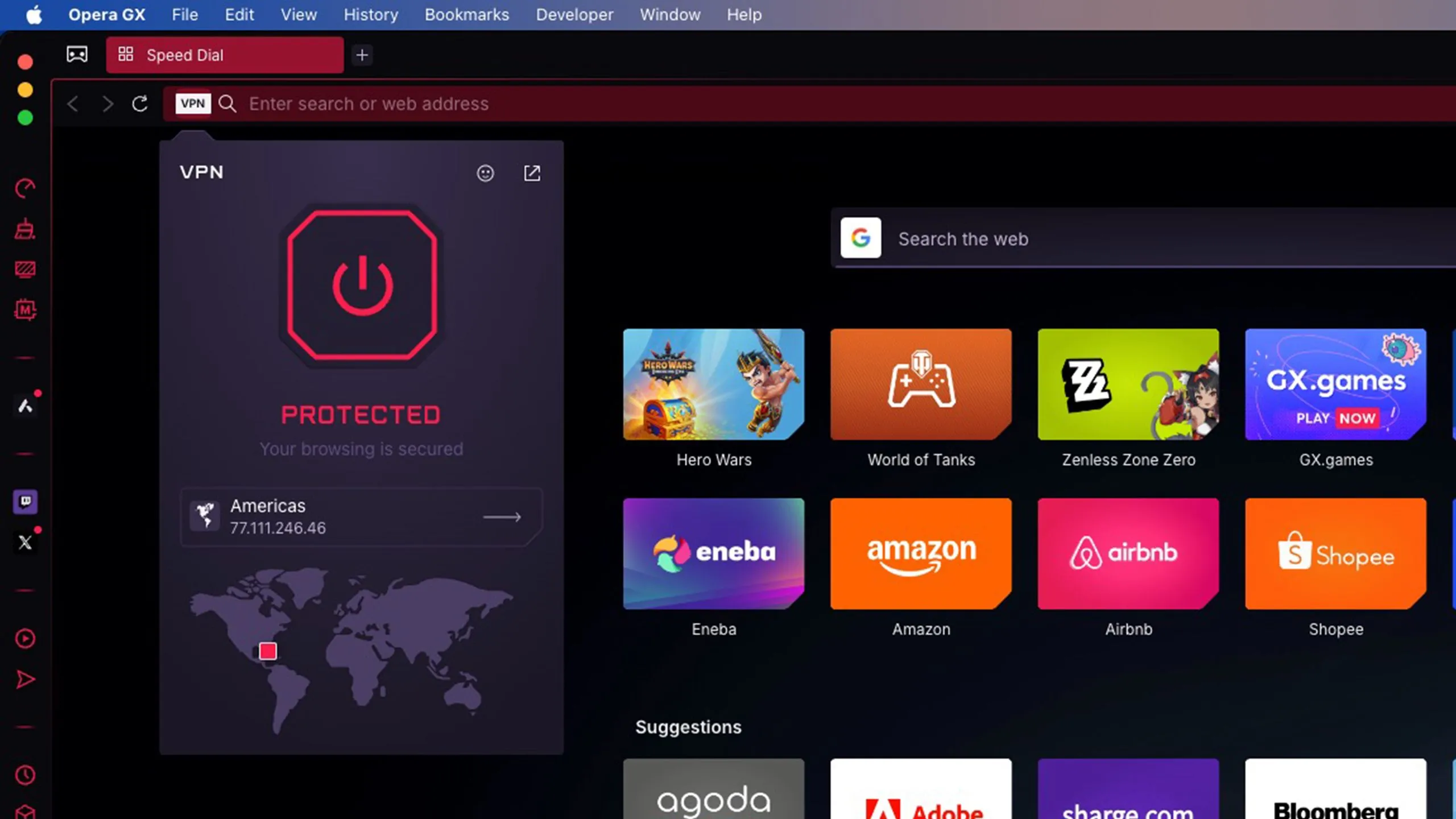Giao diện kích hoạt VPN tích hợp trên trình duyệt Opera GX, hiển thị tùy chọn vị trí máy chủ VPN.