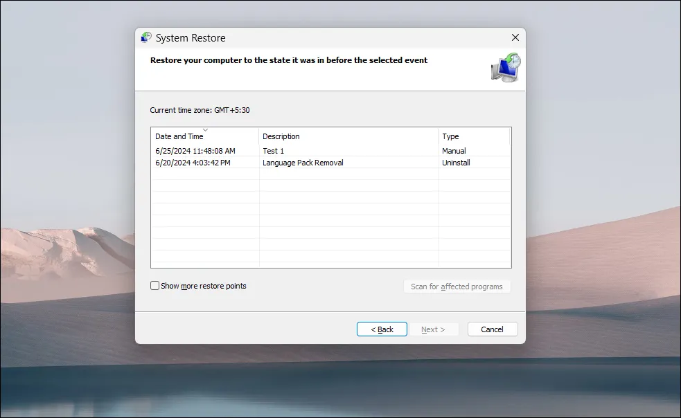 Giao diện lựa chọn điểm khôi phục hệ thống trong Windows 11 để hoàn tác thay đổi