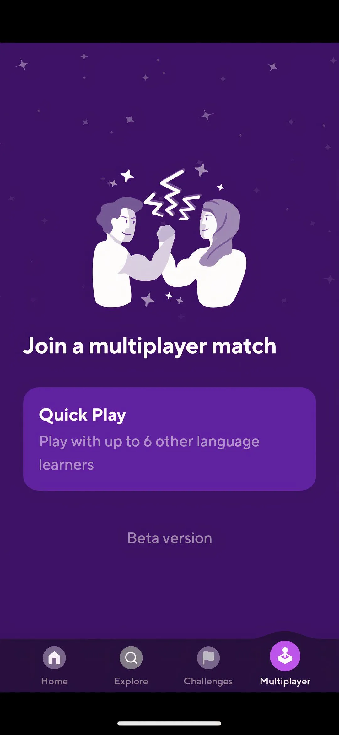Giao diện lựa chọn tham gia trận đấu nhiều người chơi trong ứng dụng Drops, minh họa tính năng game hóa giúp người dùng kiểm tra kiến thức và học ngôn ngữ một cách thú vị.