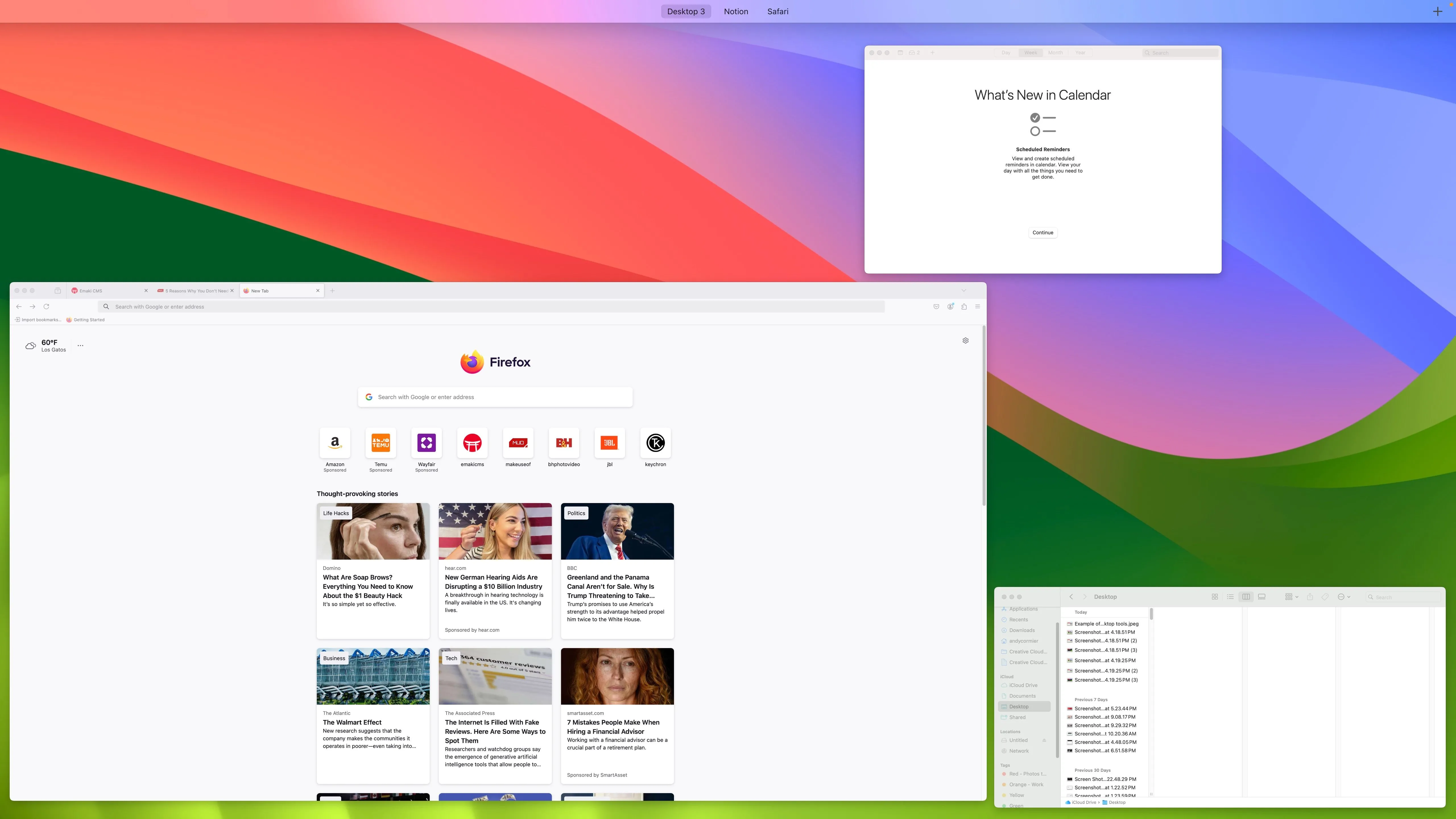 Giao diện macOS hiển thị nhiều màn hình ảo (virtual desktops) với các ứng dụng khác nhau