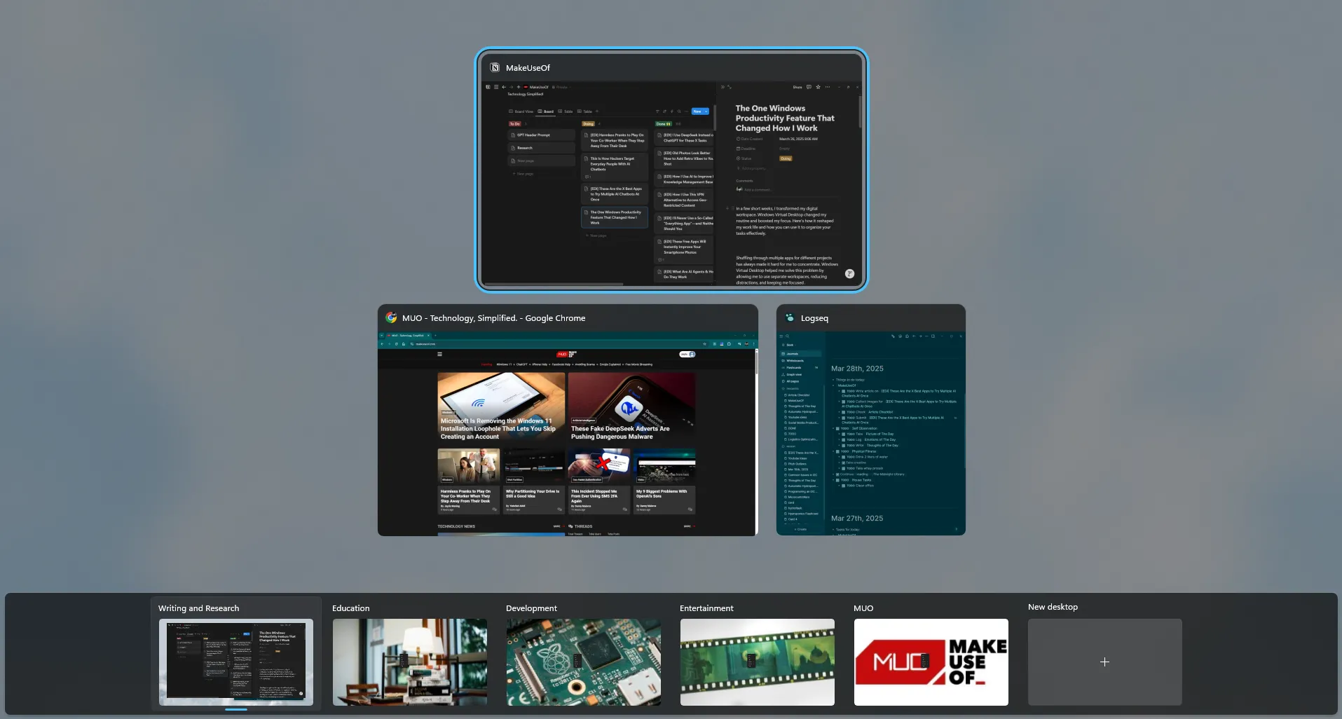 Giao diện Màn hình ảo Windows hiển thị nhiều không gian làm việc tùy chỉnh, giúp tổ chức các tác vụ hiệu quả hơn.
