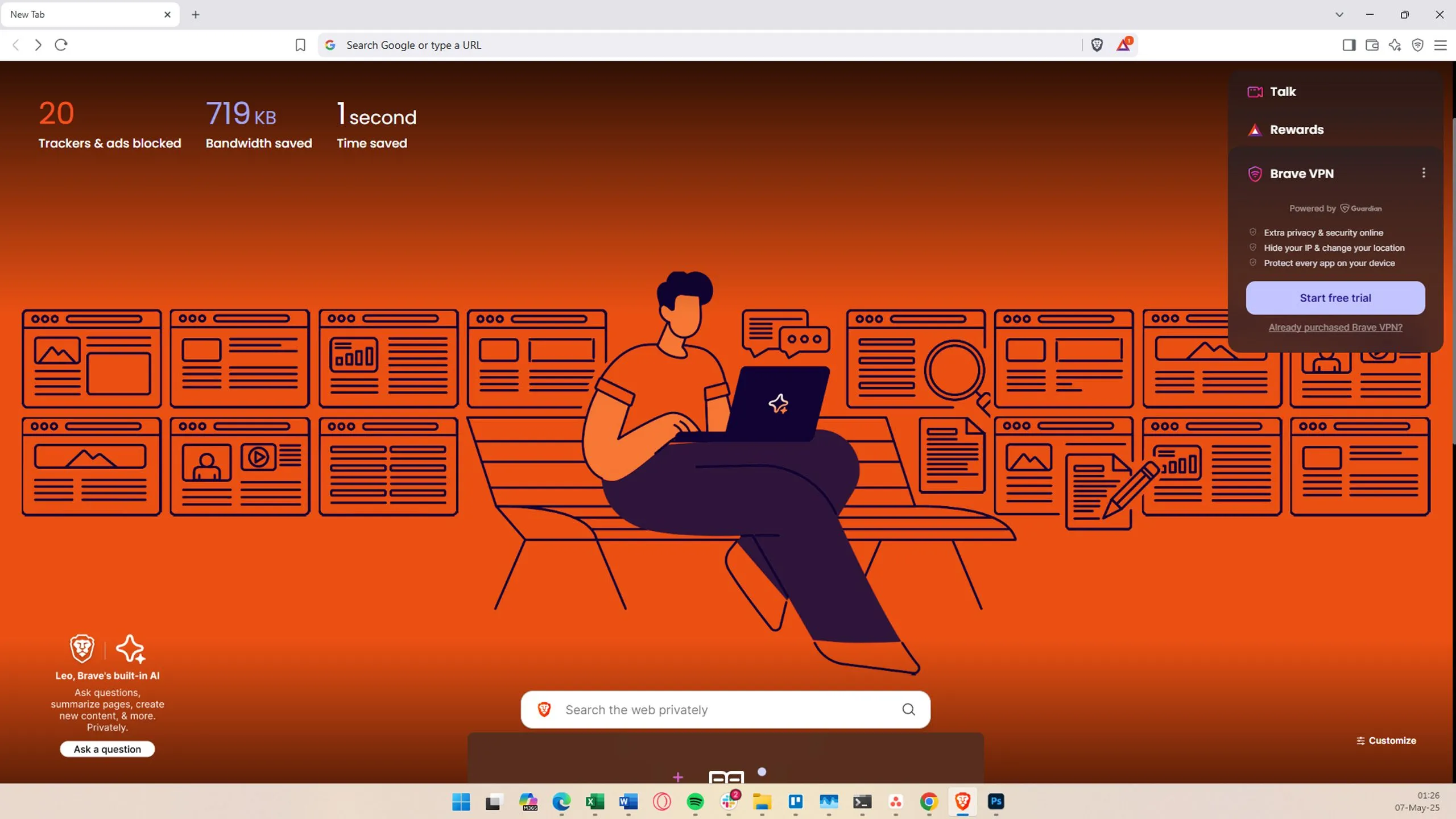 Giao diện màn hình chính của trình duyệt Brave Browser với tính năng chặn quảng cáo