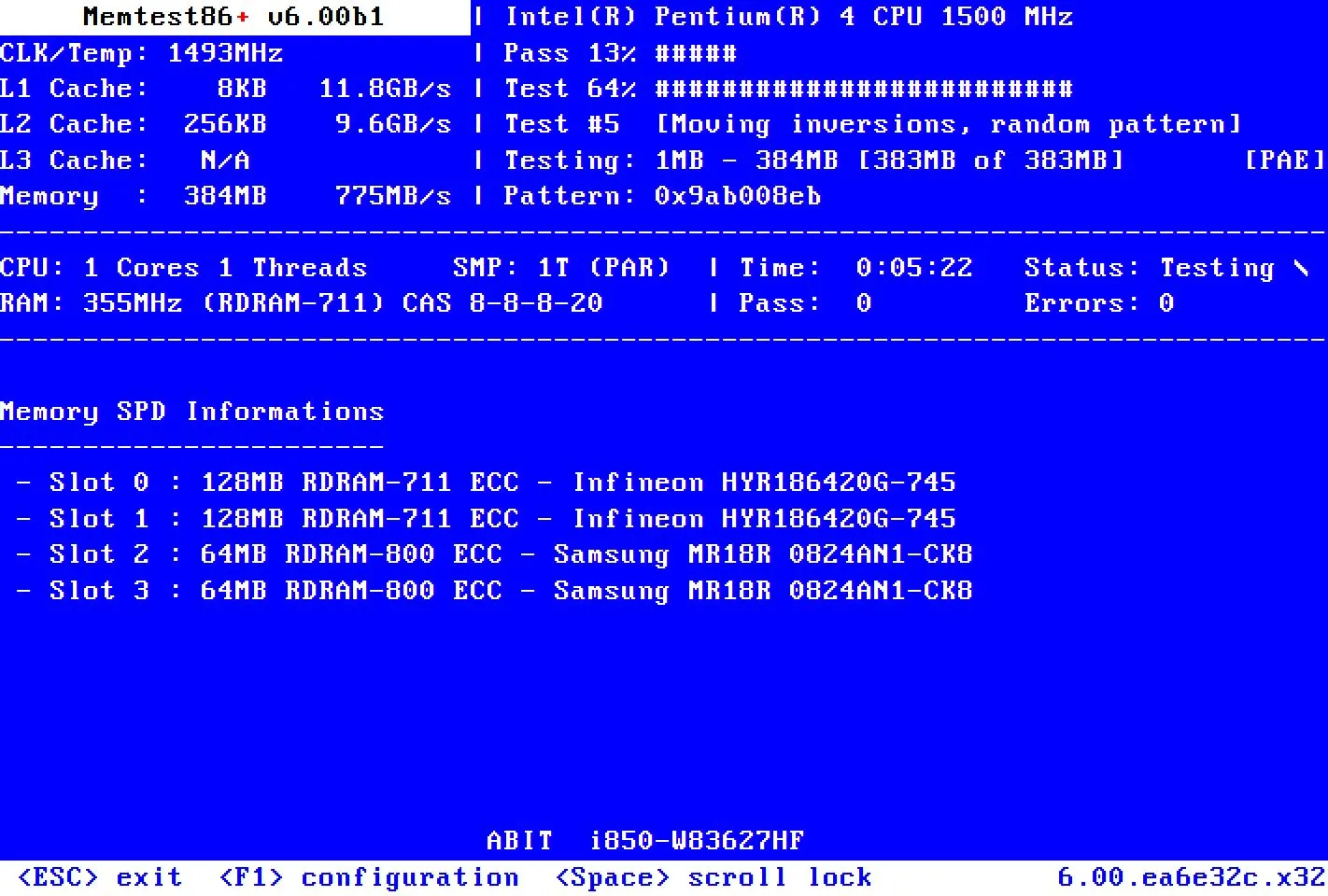 Giao diện MemTest86 hiển thị quá trình kiểm tra bộ nhớ RAM
