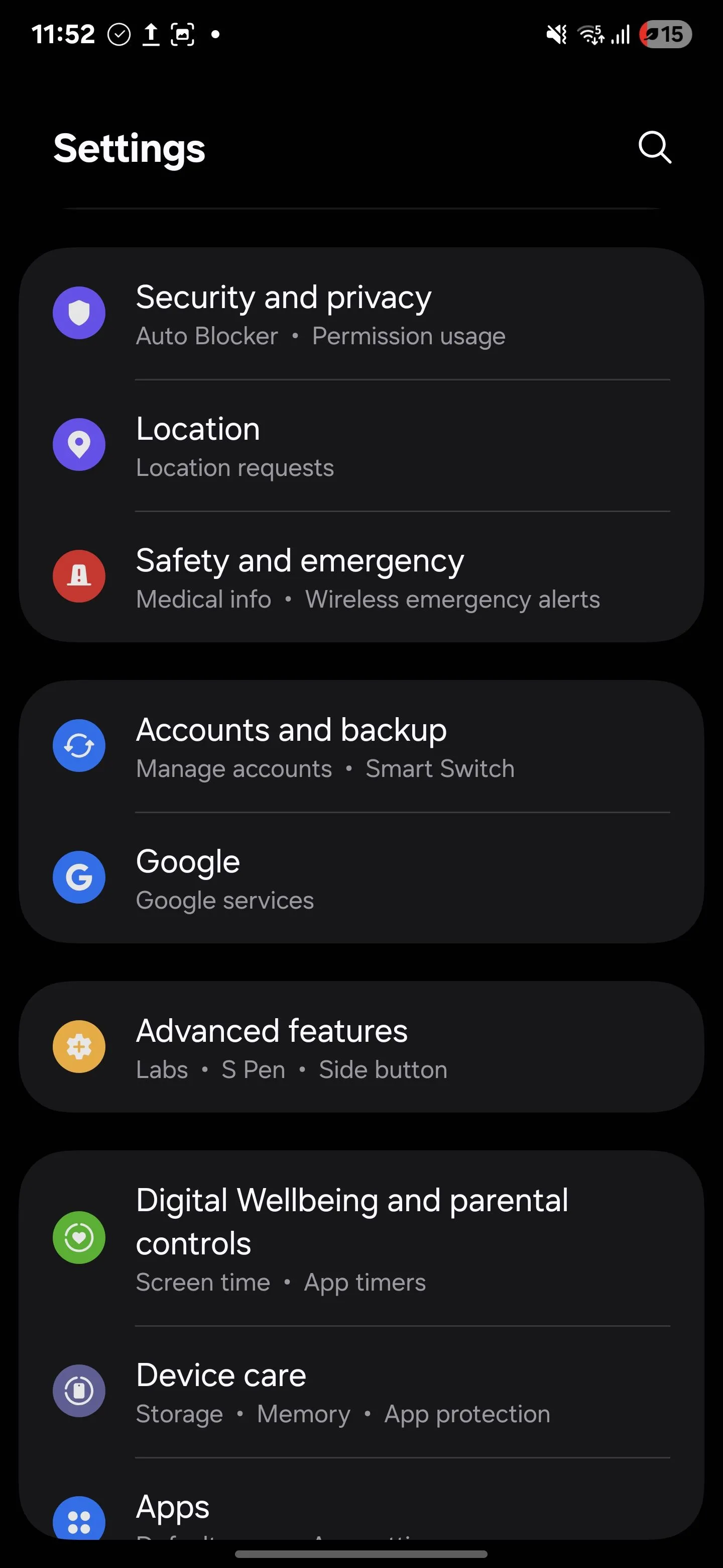 Giao diện menu Cài đặt trên Samsung S25