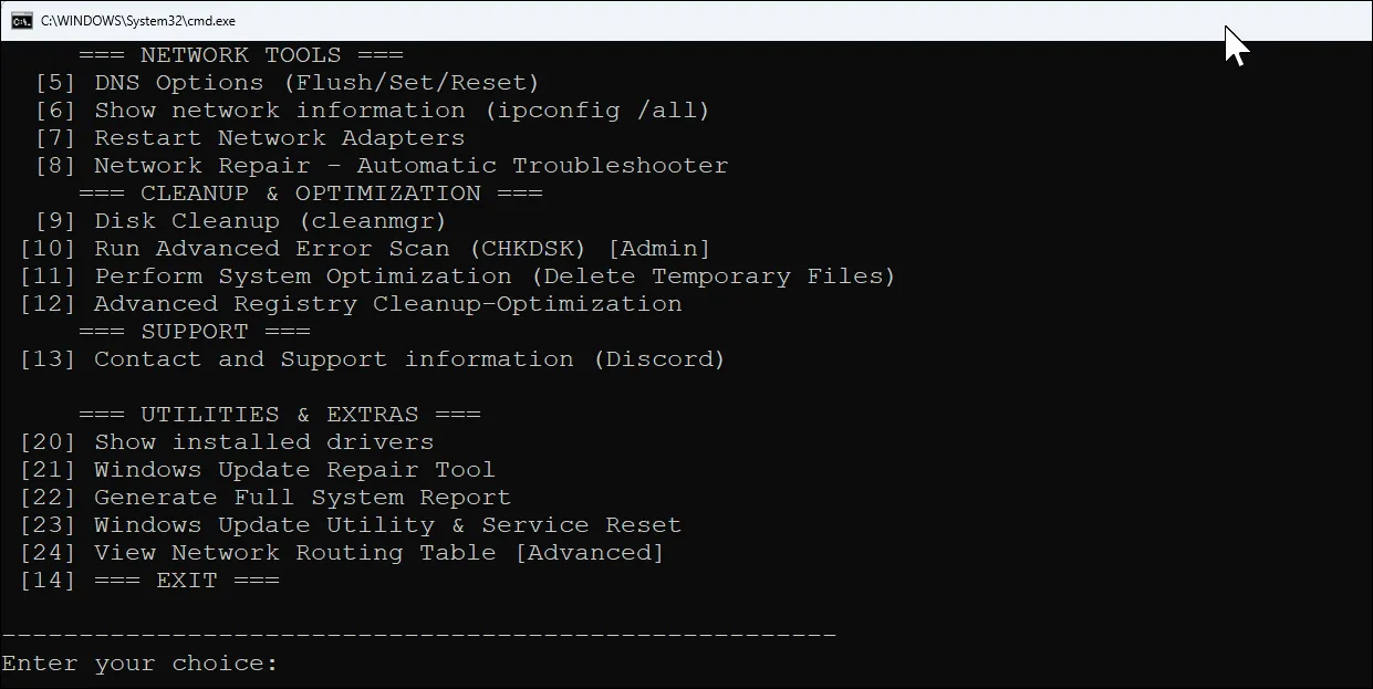 Giao diện menu chính của Windows Maintenance Tool với các tùy chọn được đánh số.
