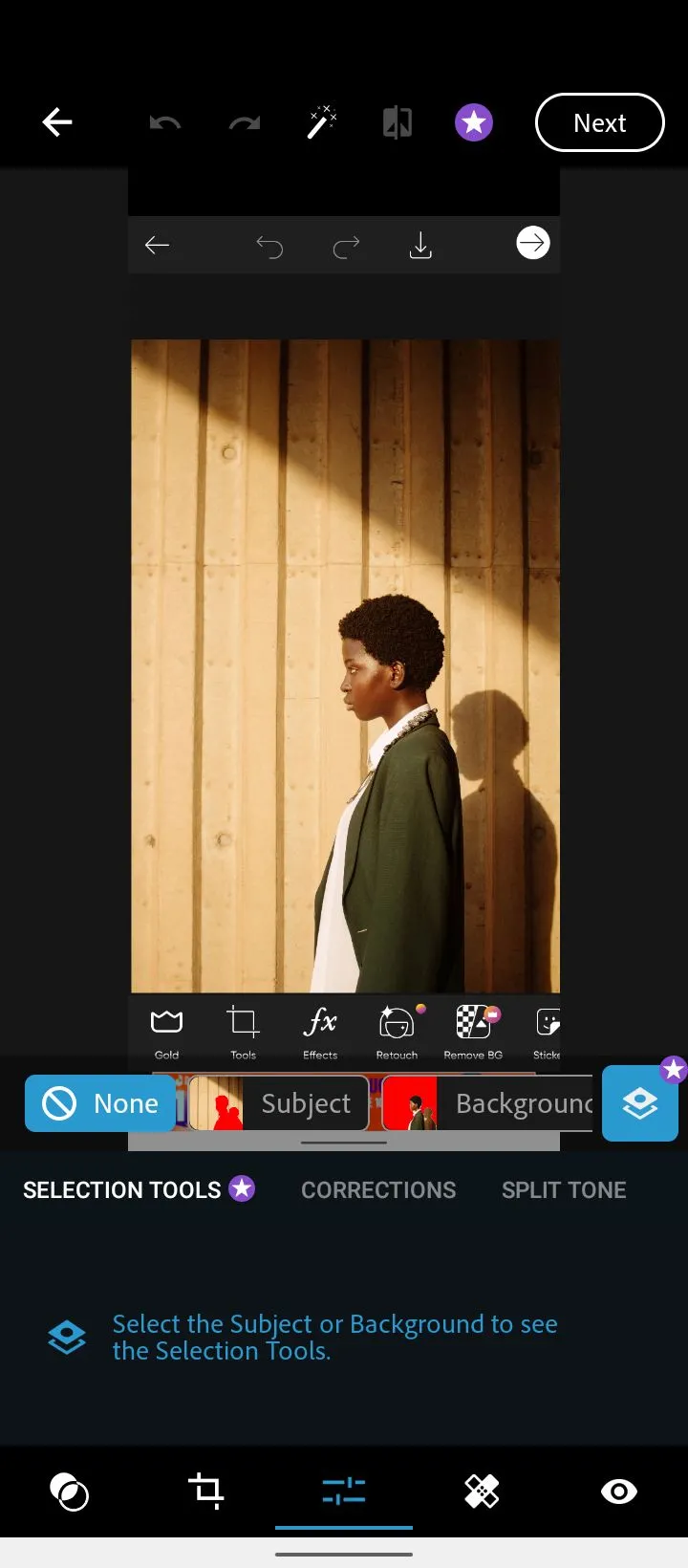 Giao diện menu chỉnh sửa của ứng dụng Adobe Photoshop Express, với các công cụ dễ sử dụng cho chỉnh sửa ảnh nhanh