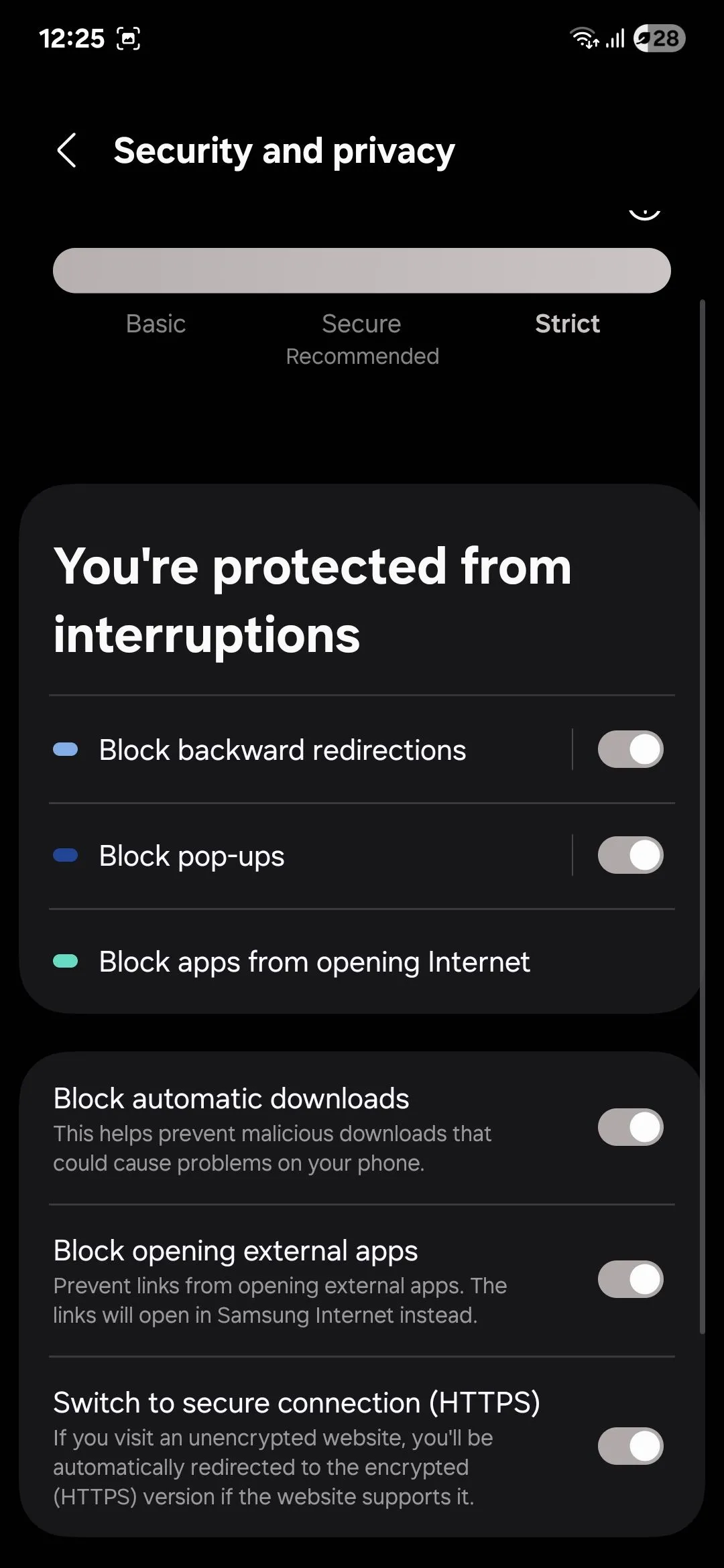 Giao diện menu Quyền riêng tư của Samsung Internet, nơi người dùng có thể tùy chỉnh các thiết lập bảo mật trình duyệt.