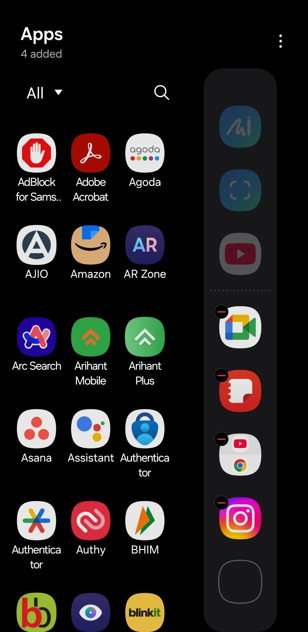 Giao diện menu ứng dụng Edge Panel trên điện thoại Samsung