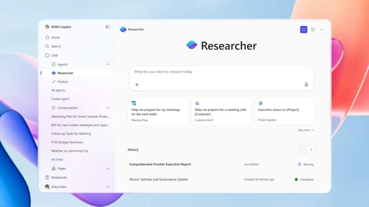 Giao diện Microsoft 365 Copilot hiển thị trợ lý AI Researcher đang phân tích dữ liệu