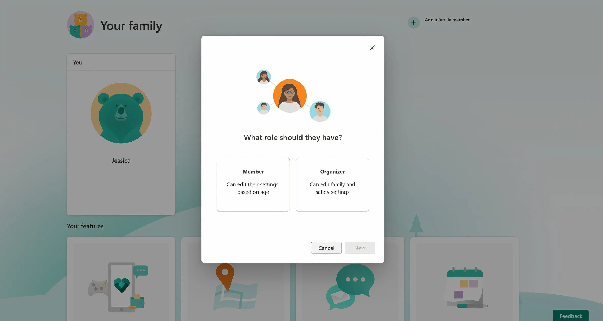 Giao diện Microsoft Family Safety hiển thị cửa sổ "Thêm thành viên gia đình" để quản lý tài khoản trẻ em.