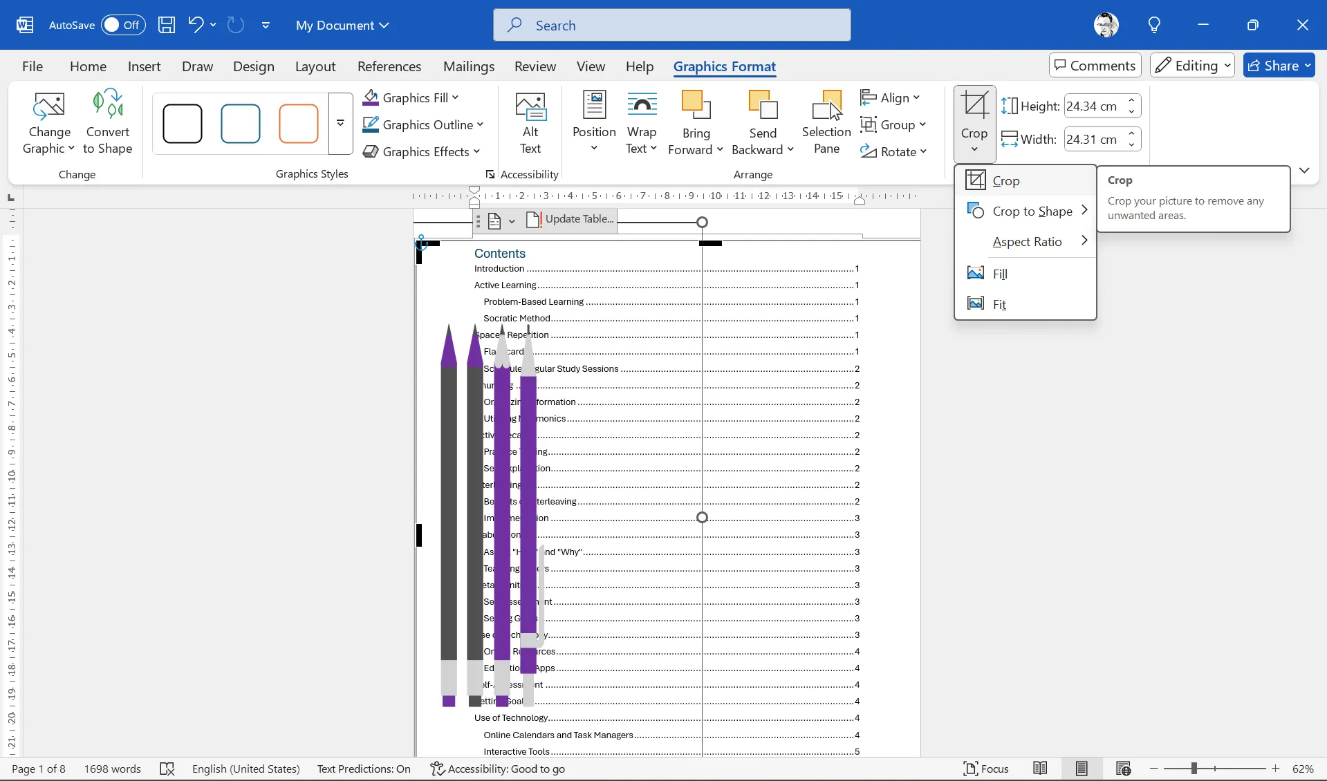 Giao diện Microsoft Word với một hình ảnh lớn được chèn trên trang mục lục, đang trong chế độ Crop (cắt ảnh) để người dùng có thể điều chỉnh kích thước và bố cục hình ảnh sao cho phù hợp với mục lục.