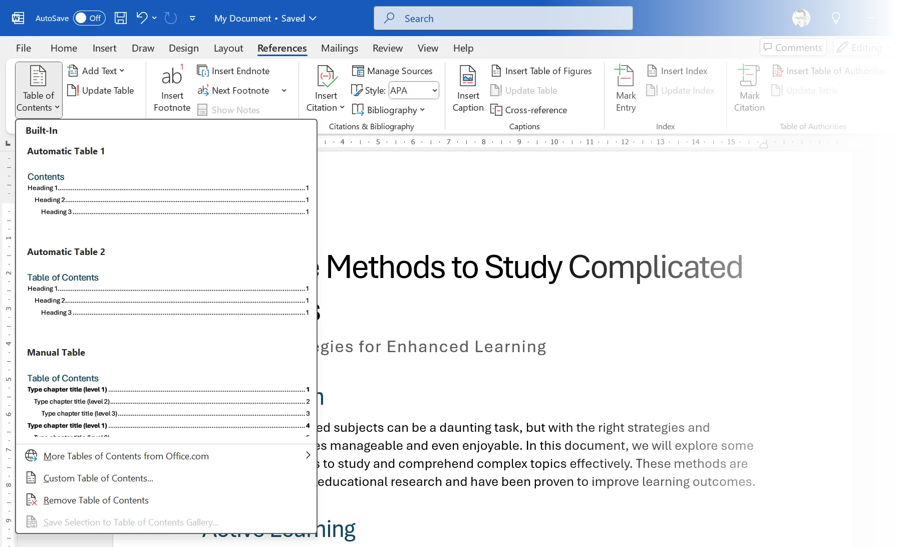 Giao diện Microsoft Word với tab References được chọn và menu Table of Contents đang mở, hiển thị các tùy chọn tạo mục lục tự động và tùy chỉnh.