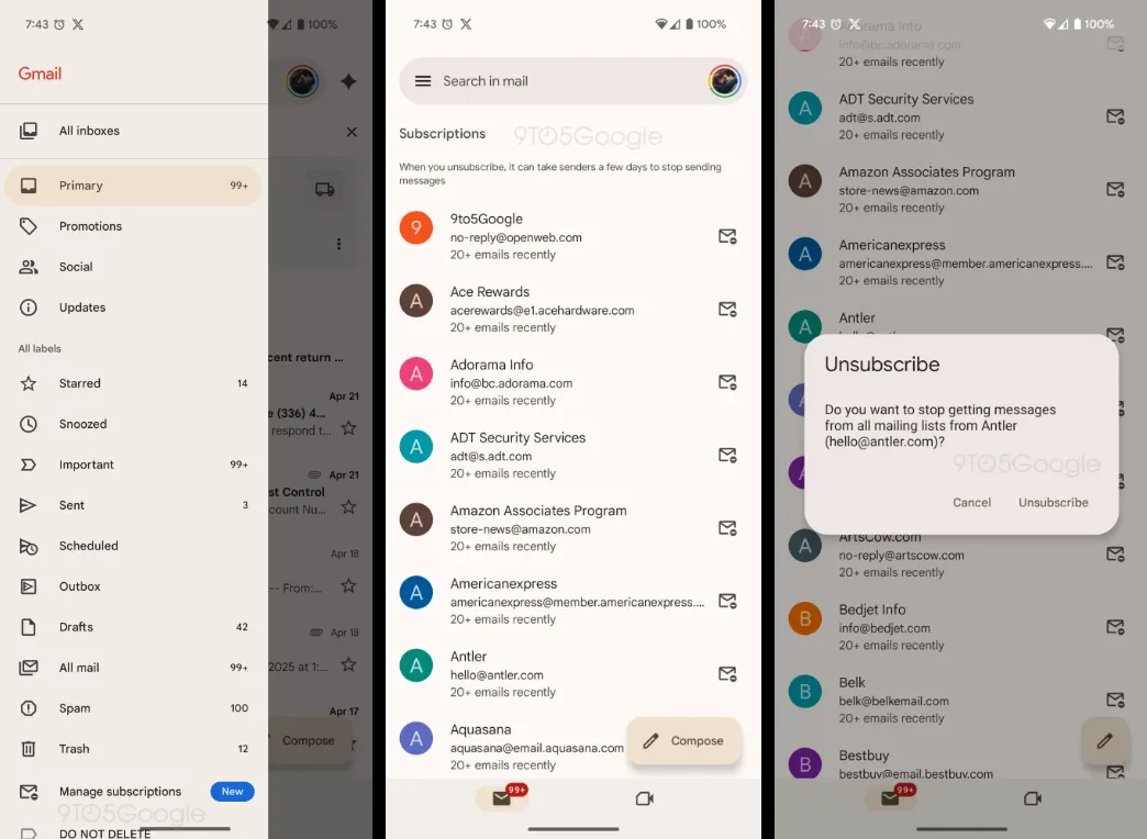 Giao diện mới của tính năng quản lý đăng ký bản tin trong Gmail, giúp người dùng dễ dàng hủy đăng ký các email không mong muốn.