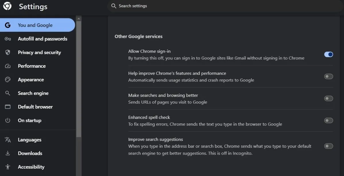 Giao diện mục 'Bạn và Google' trong Chrome với các tùy chọn bật/tắt thu thập dữ liệu tìm kiếm và duyệt web.