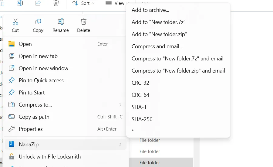 Giao diện NanaZip trên Windows, một công cụ nén và giải nén file hiện đại, tích hợp menu ngữ cảnh.
