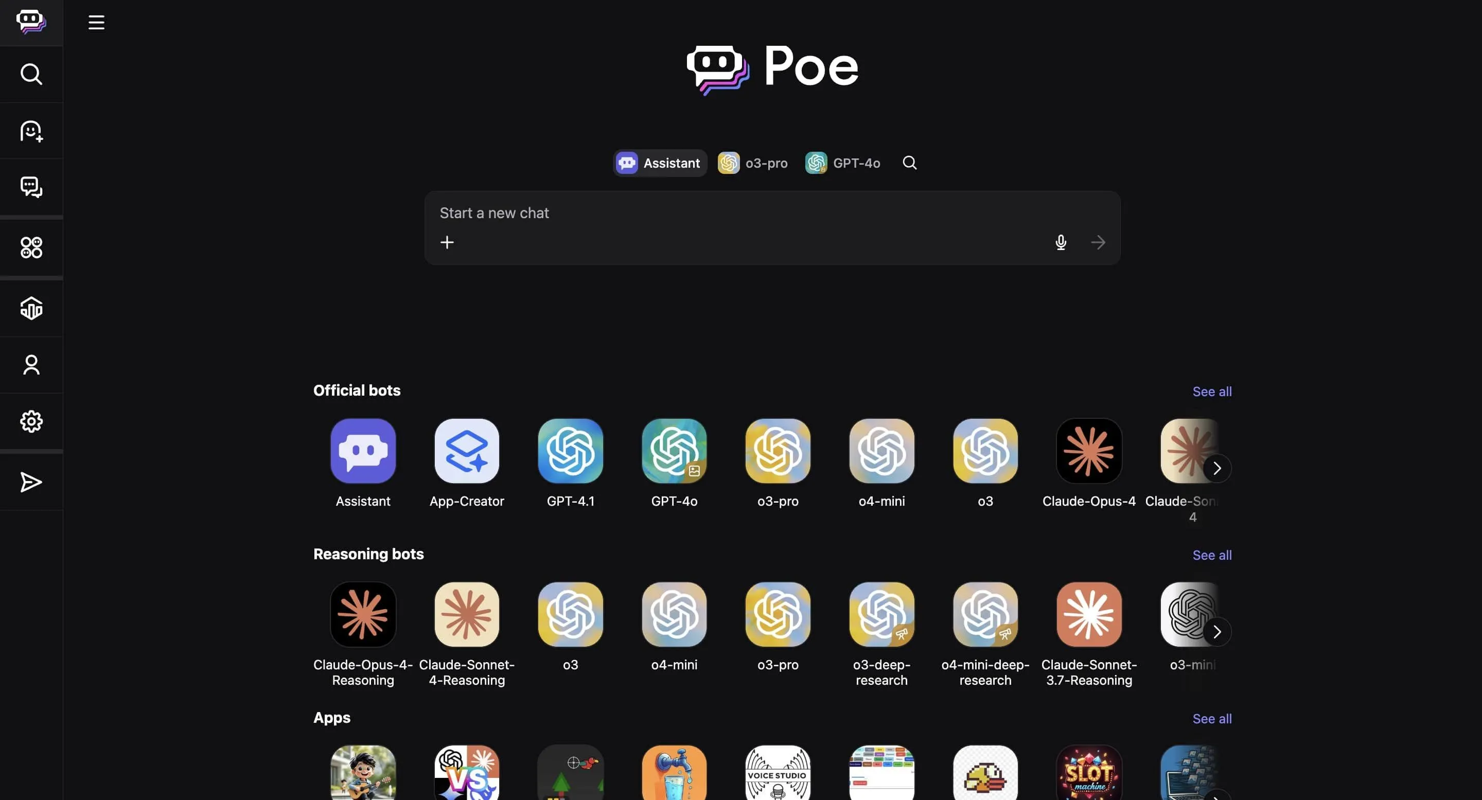 Giao diện nền tảng Poe AI trên máy tính để bàn, hiển thị các lựa chọn mô hình chatbot AI như GPT-4o, Claude