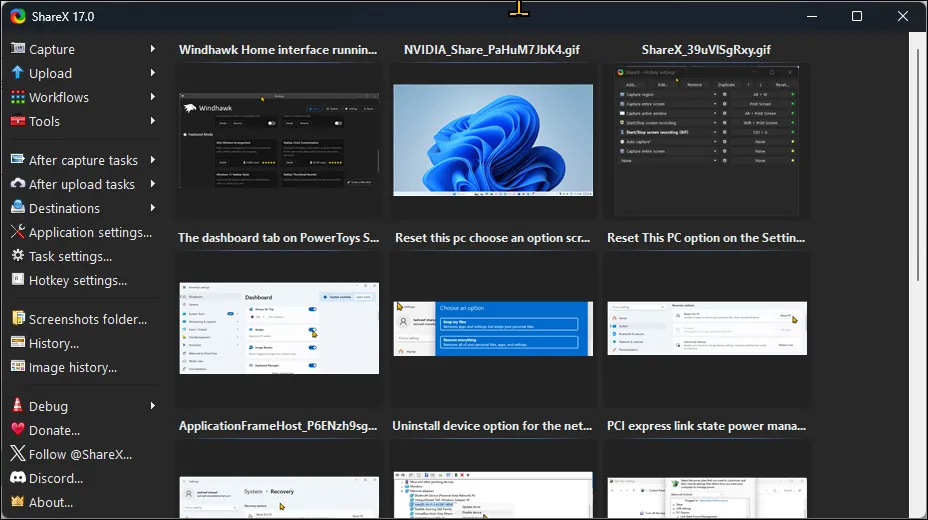 Giao diện người dùng của ShareX trên Windows 11 với nhiều tùy chọn chụp và ghi màn hình.