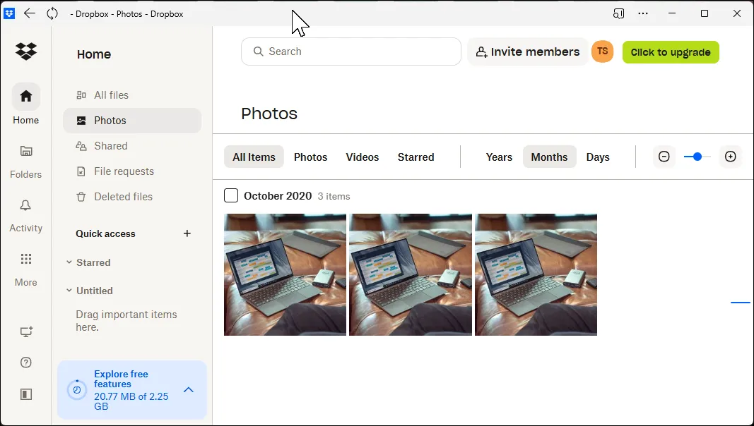 Giao diện người dùng Dropbox chuyên biệt cho tab Ảnh