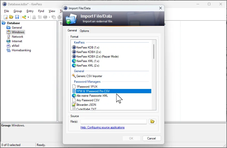 Giao diện nhập dữ liệu file vào KeePass từ 1Password